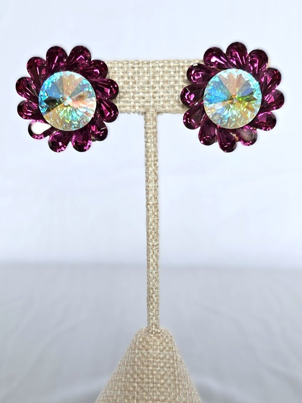 Vintage Pink Crystal Flower Clip-On Earrings | AB Rhinestone Statement